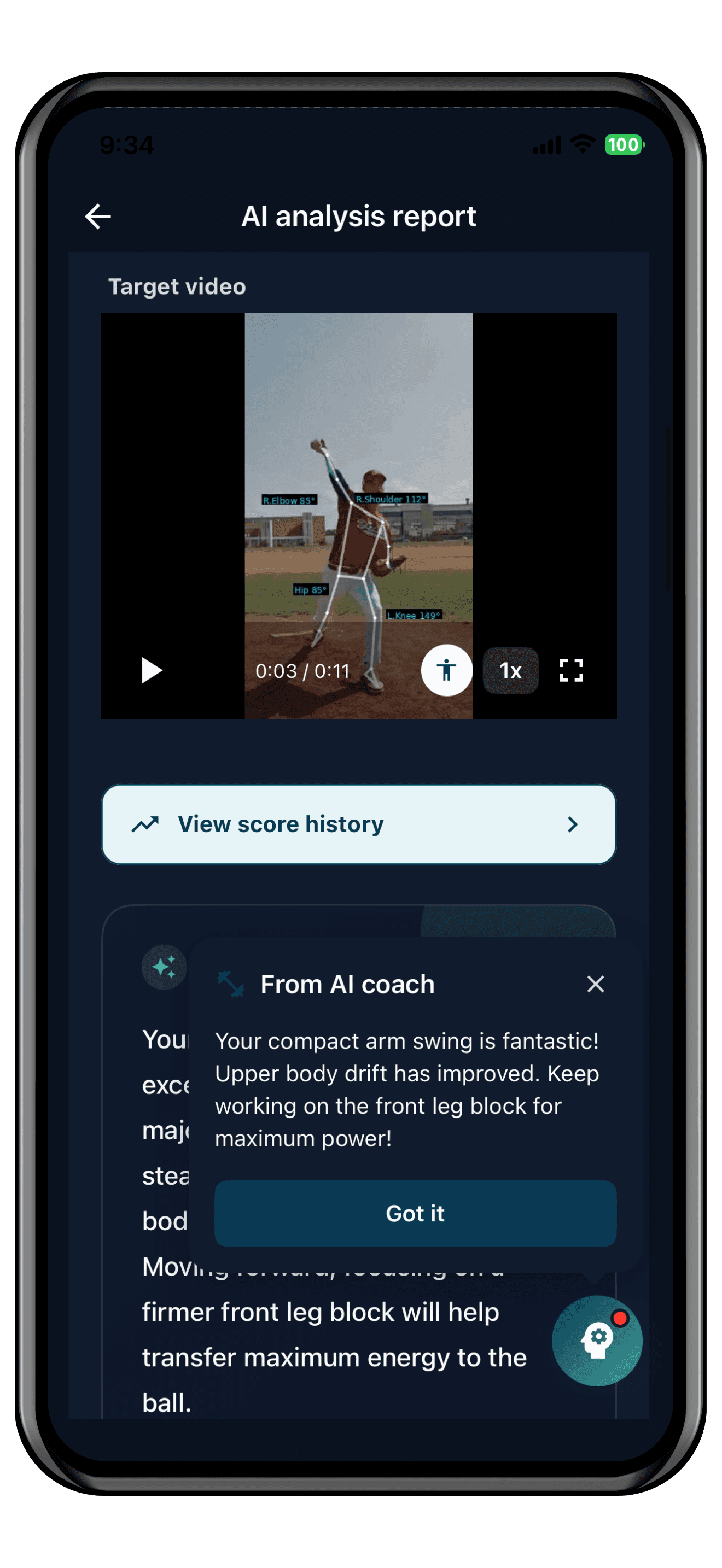 Screenshot of the AI Sports Trainer app showing video analysis, form improvements, and drill recommendations