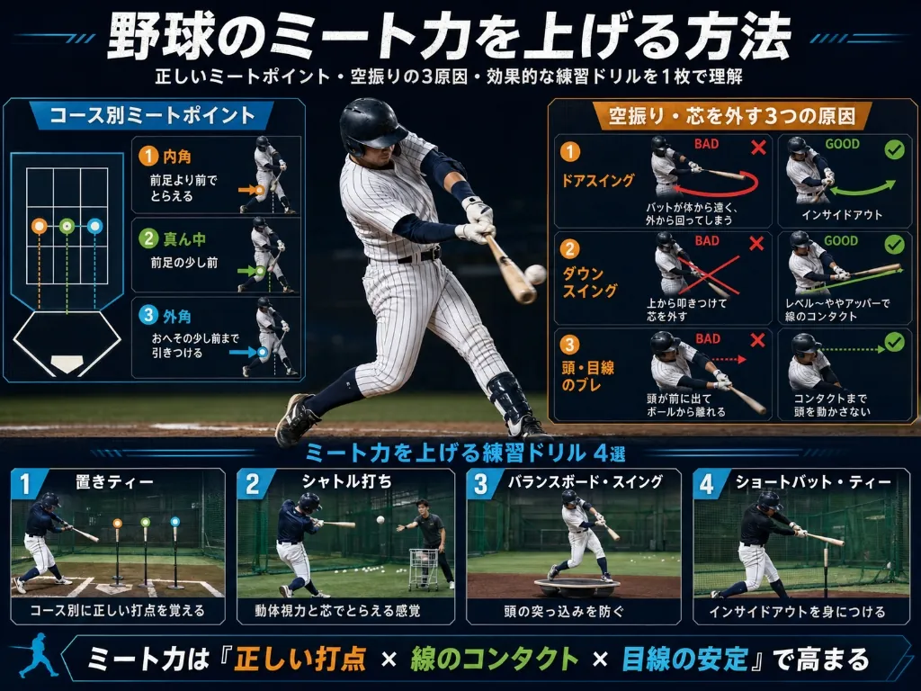 野球のミート力を上げる方法と正しいミートポイントまとめ