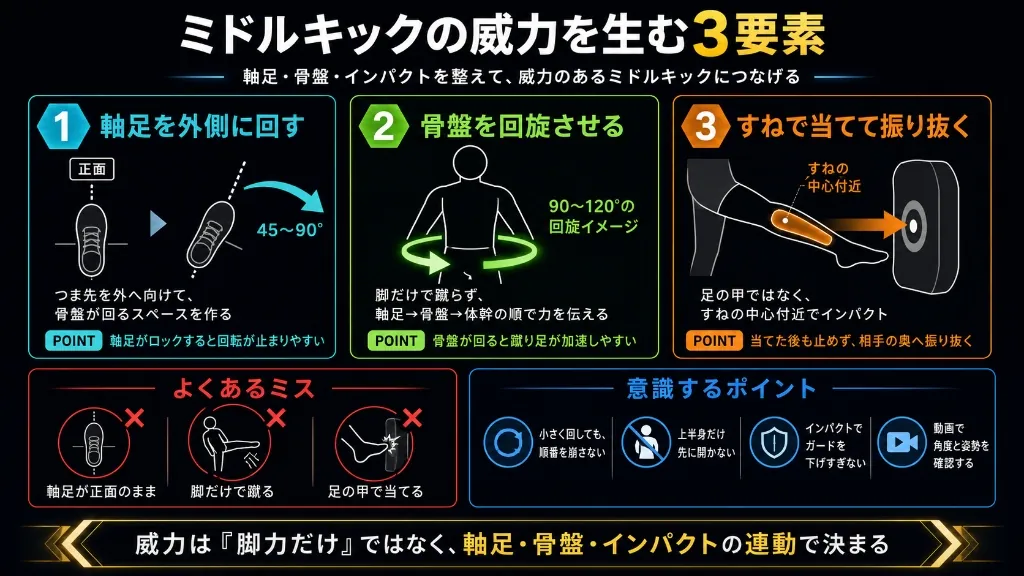 ミドルキックの威力を生む3要素:軸足・骨盤・インパクト