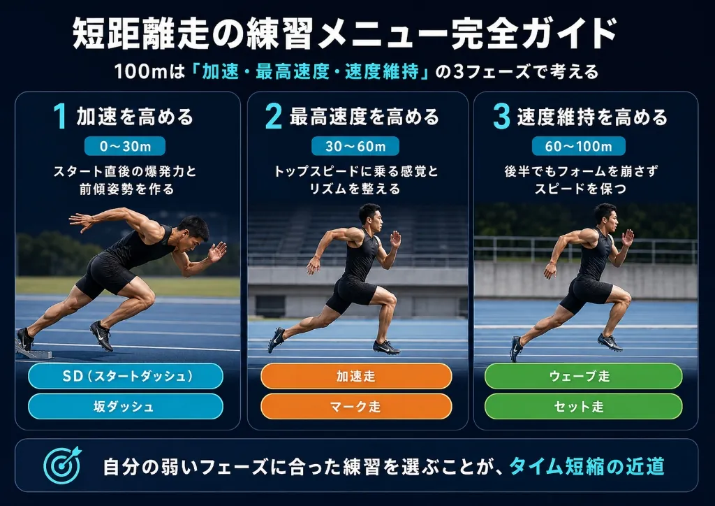 短距離走100mの3フェーズと練習メニュー